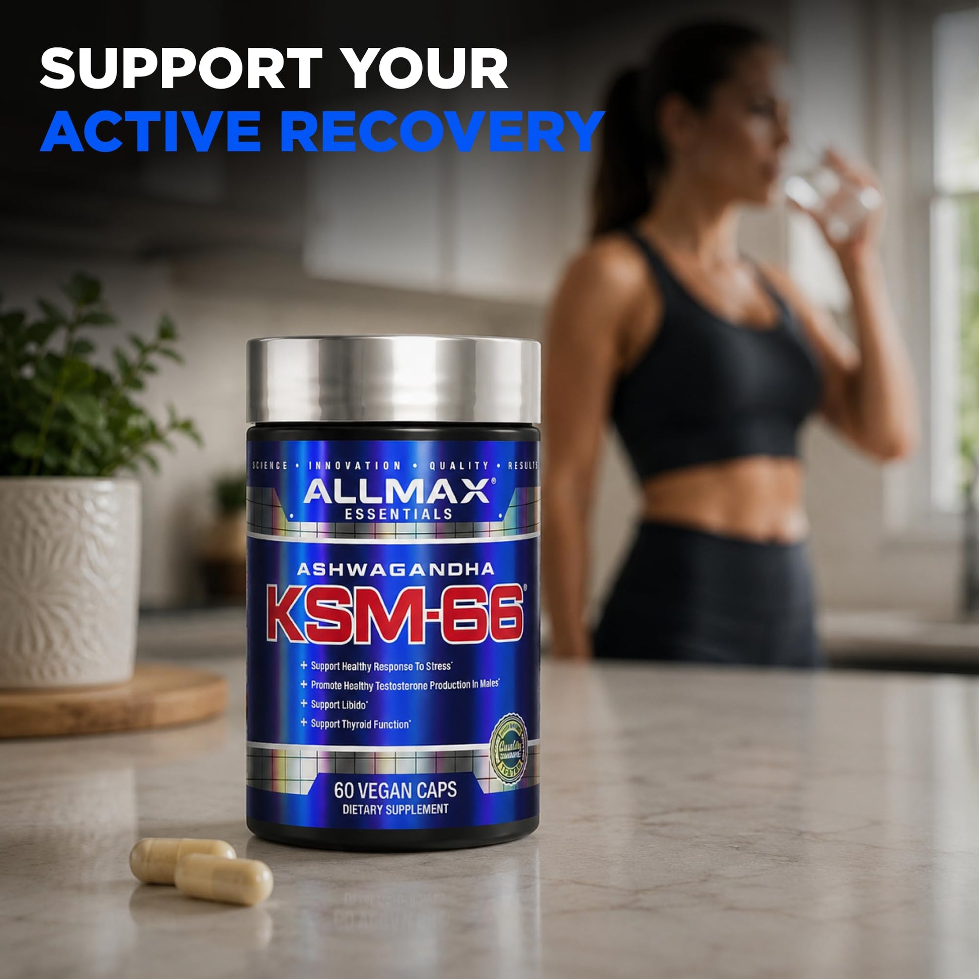 ALLMAX Ashwagandha KSM-66 Capsules - Full Spectrum Root Extract Supplement - Muscle Strength & Recovery, Stress Relief - 60 Veggie Caps, 30 Servings, Non-GMO, Gluten Free - Available at All In One Marketplace Canada