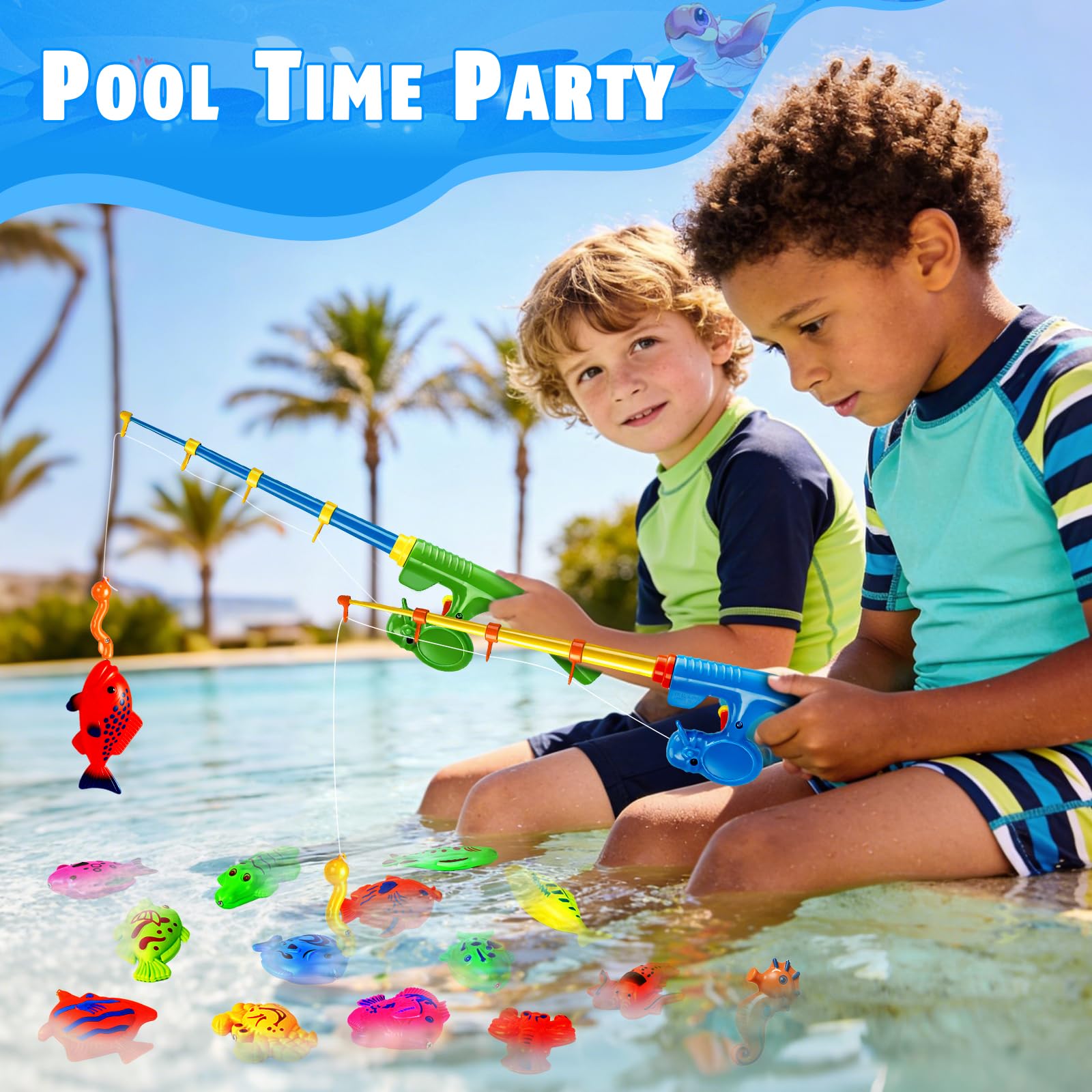 CozyBomB Magnetic Fishing Pool Toys Game for Kids - Water Table Bath-tub Kiddie Party Toy with Pole Rod Net Plastic Floating Fish Toddler Color Ocean Sea Animals Birthday Gift Age 3 4 5 6 Year Old