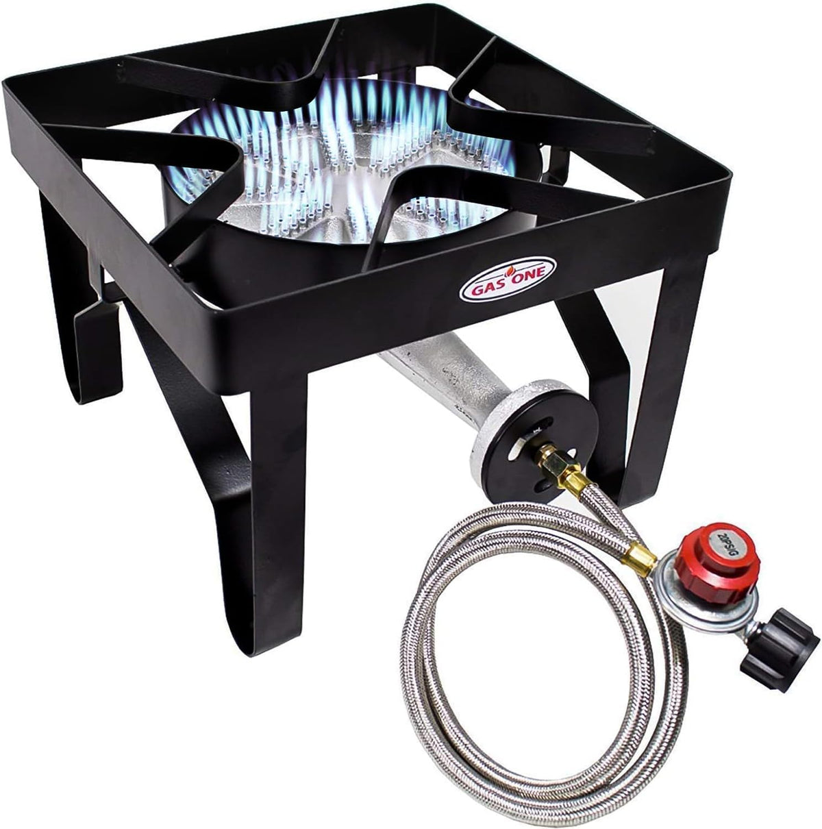 GAS ONE 200,000 BTU Square Heavy- Duty Single Burner Outdoor Stove Propane Gas Cooker with Adjustable 0-20PSI Regulator and Steel Braided Hose Perfect for Home Brewing, Turkey Fry, Maple Syrup Prep