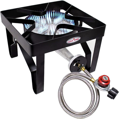 GAS ONE 200,000 BTU Square Heavy- Duty Single Burner Outdoor Stove Propane Gas Cooker with Adjustable 0-20PSI Regulator and Steel Braided Hose Perfect for Home Brewing, Turkey Fry, Maple Syrup Prep