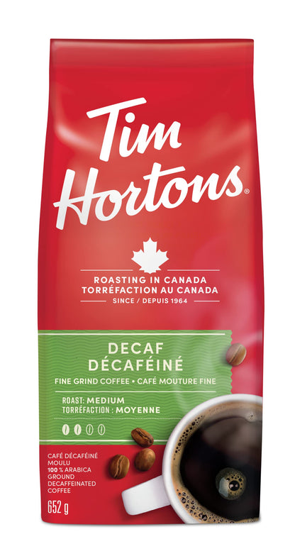 Tim Hortons Decaf, Fine Grind Coffee, Medium Roast, Made with 100% Arabica Beans, 652g Bag