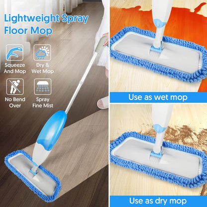 Tina&Tony Microfiber Spray Mop for Floor Cleaning, Hardwood Floor Spray Dry Wet Mop with 3 Reusable Refills Pads & 435ML Refillable Bottle, Kitchen Dust Mop for Hardwood Laminate Tile Floors, Blue - Available at All In One Marketplace Canada