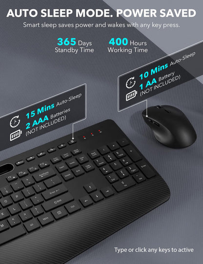 Wireless Keyboard and Mouse Combo - Full-Sized Ergonomic Keyboard with Wrist Rest, Phone Holder, Silent 2.4GHz Cordless Keyboard Mouse for Computer, Laptop, PC, Mac, Windows (Black, 1 Pack)