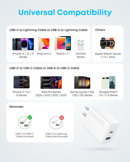 Anker iPhone 17/16 Charger, 2-Pack 20W Fast USB C Charger Block, for iPhone 17/16/16 Pro Max/15 Series/iPad Pro and More (2 Pack & 2 Cable)(White) - Available at All In One Marketplace Canada
