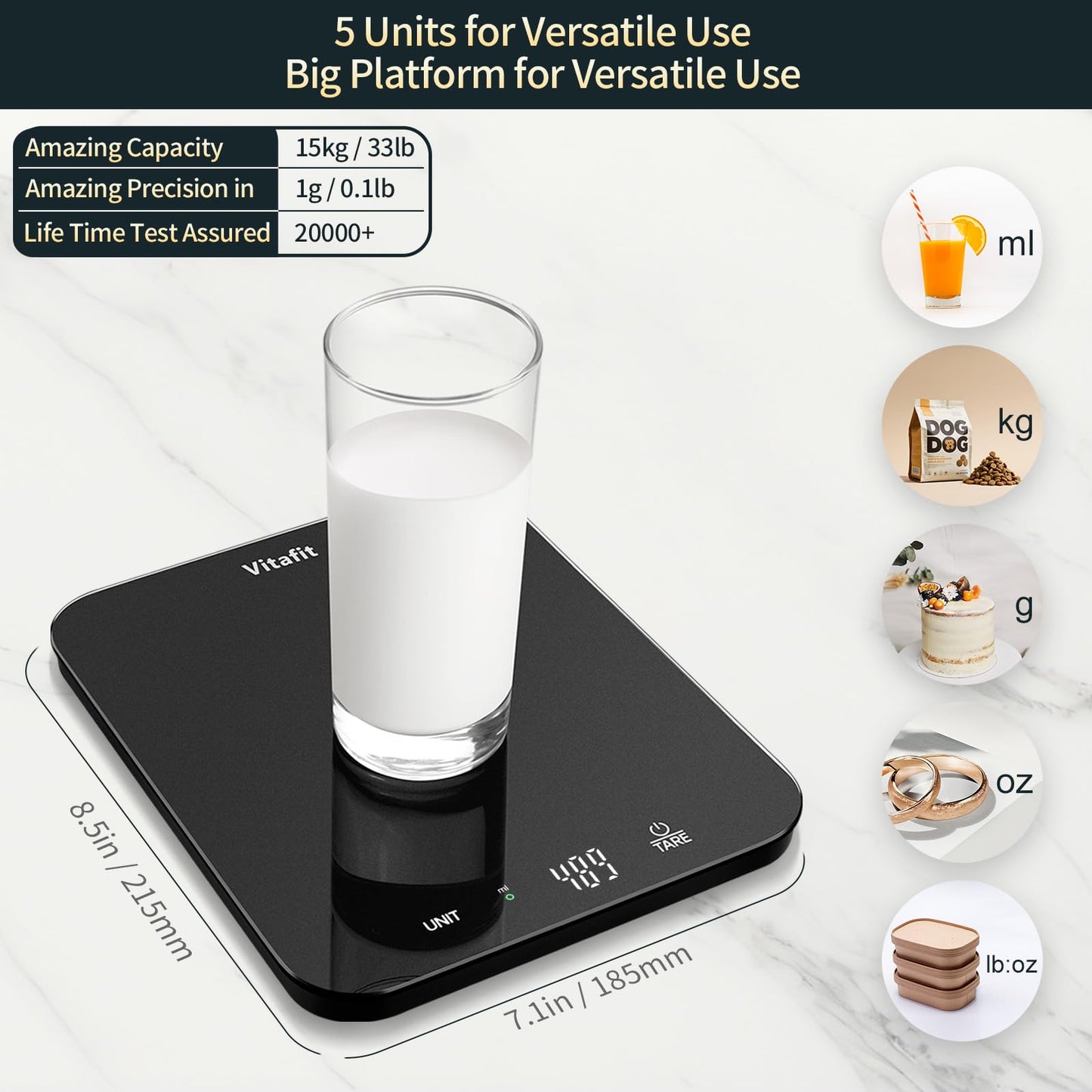 Vitafit 33lb/15kg Digital Food Scale in High Precision 0.1oz/1g, Our Own Kitchen Scale Professional Factory Since 2001, Scale Grams for Cooking & Baking, LED, 3*AAA Battery, Spray Silver Black - Available at All In One Marketplace Canada