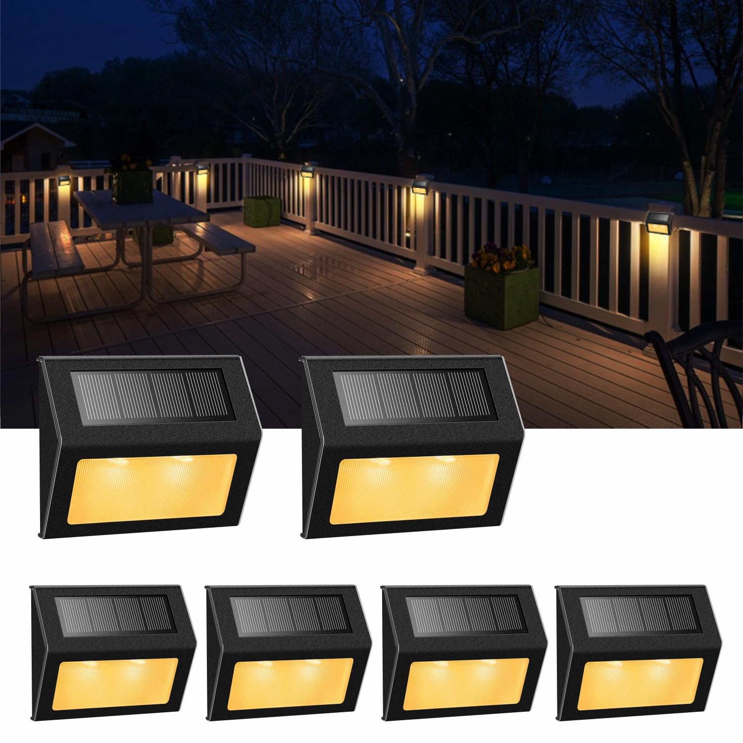 Solar Lights for Steps Decks Pathway Yard Stairs Fences, LED lamp, Rainproof, Black Metal case, 6 Pack