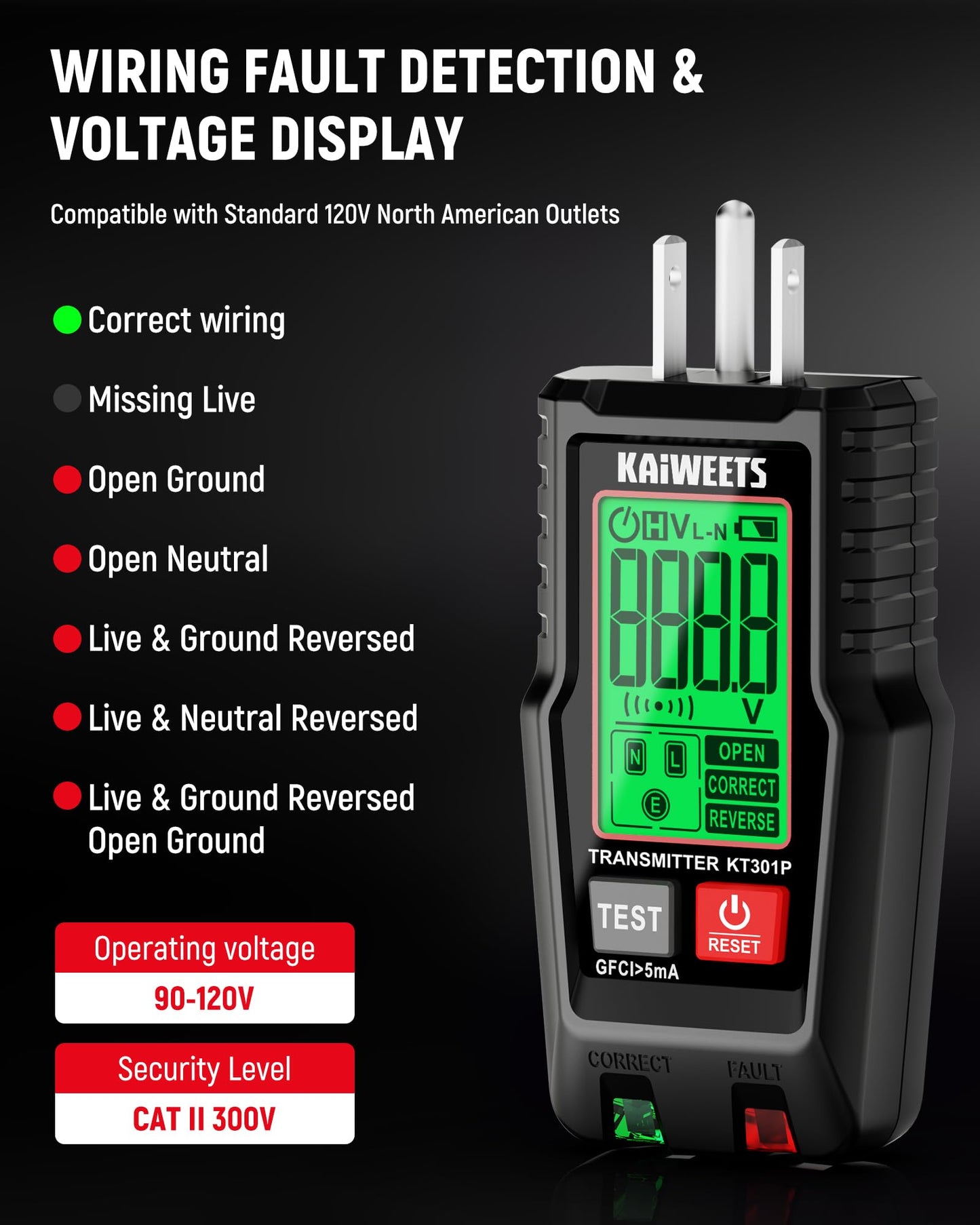 KAIWEETS Circuit Breaker Finder with LCD Display, GFCI Outlet Tester, Electrical Circuit Tracer Tool with NCV Test & Flashlight, Includes Carrying Case and Adapters- KT301P - Available at All In One Marketplace Canada