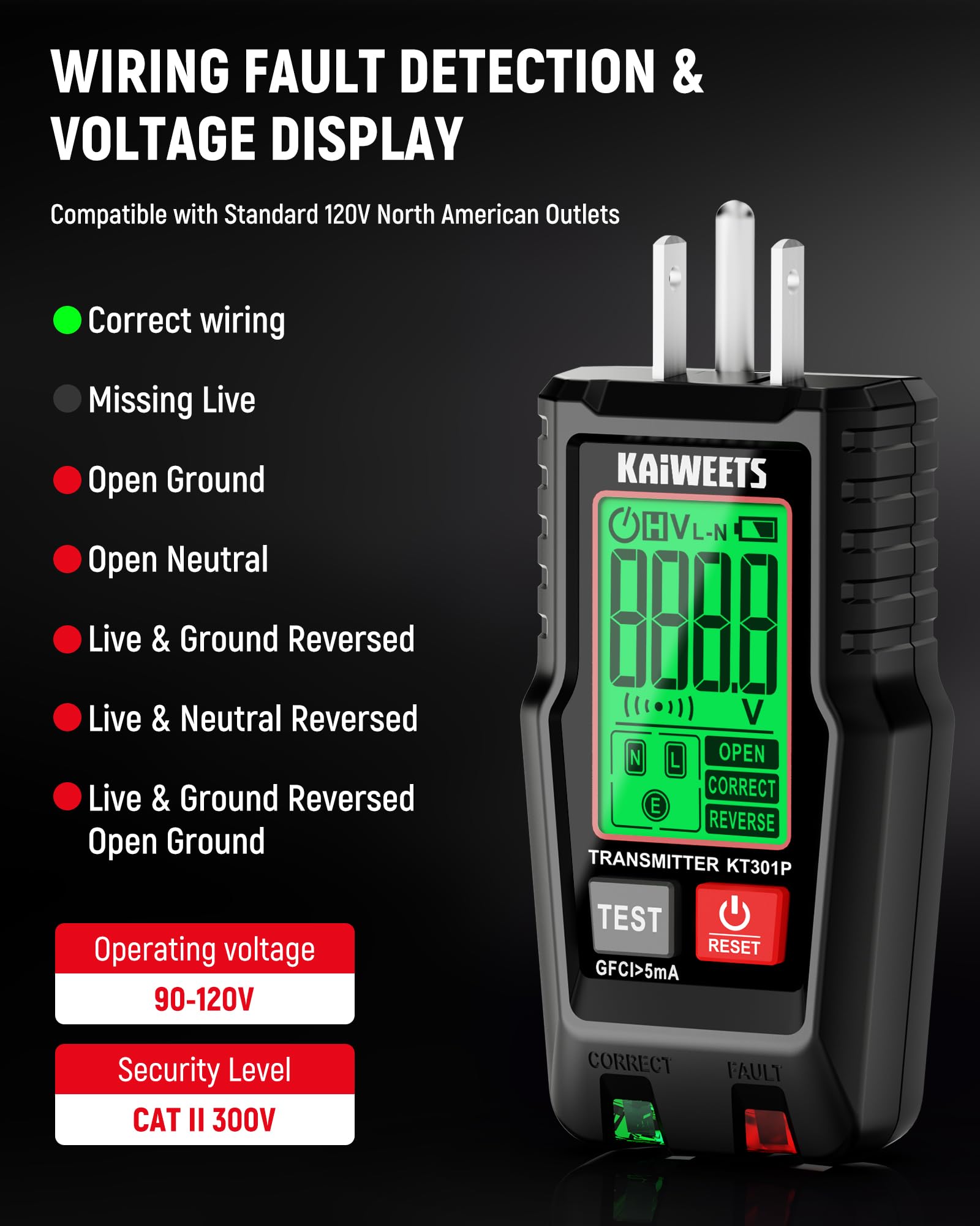 KAIWEETS Circuit Breaker Finder with LCD Display, GFCI Outlet Tester, Electrical Circuit Tracer Tool with NCV Test & Flashlight, Includes Carrying Case and Adapters- KT301P - Available at All In One Marketplace Canada