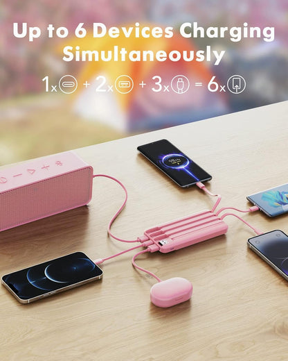 Charmast Portable Charger with Built in Cables, Power Bank with Cords Wires, Slim 10000mAh Travel Battery Pack 6 Outputs 3 Inputs 3A Fast Charging for Samsung Google Pixel LG Moto iPhone iPad - Available at All In One Marketplace Canada