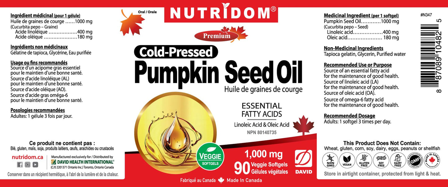 Nutridom Pumpkin Seed Oil Capsules 1000 mg, 90 Veggie Softgels, Cold-Pressed, Essential Fatty Acids, Linoleic & Oleic Acid, Vegan, Non-GMO, Gluten Free, Soy Free, Made in Canada - Available at All In One Marketplace Canada