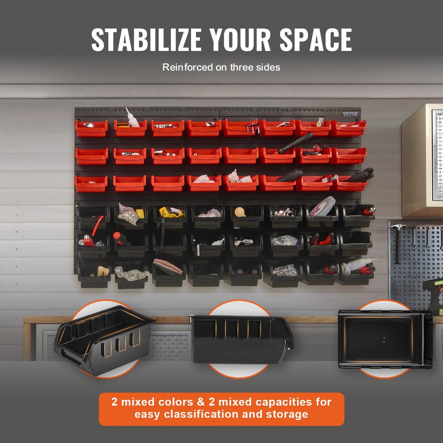 VEVOR Wall Mounted Storage Bins, 48-Bin Parts Rack Organizer Garage Plastic Shop Tool with Wall Panels, Tool Organizer for Nuts, Bolts, Screws, Nails, Beads, Buttons, Other Small Parts, Black and Red VEVOR