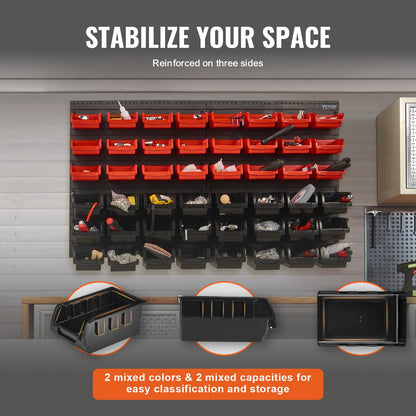 VEVOR Wall Mounted Storage Bins, 48-Bin Parts Rack Organizer Garage Plastic Shop Tool with Wall Panels, Tool Organizer for Nuts, Bolts, Screws, Nails, Beads, Buttons, Other Small Parts, Black and Red VEVOR