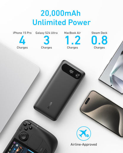 ANKER Power Bank, 20,000mAh Travel Essential Portable Charger with Built-in USB-C Cable, 3-Port 87W Max Fast Charging Battery Pack, for iPhone 17/16/15 Series, Samsung, Switch, and More (Black) - Available at All In One Marketplace Canada