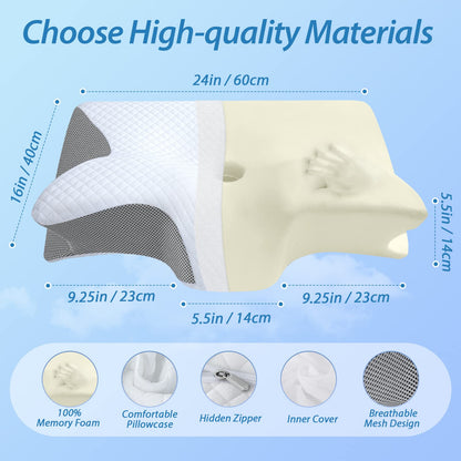 HOMCA Memory Foam Pillow, 2 in 1 Cervical Pillow for Neck Pain Relief, Ergonomic Neck Support Pillows for Side Back Stomach Sleepers with Breathable Pillowcase (Gray)