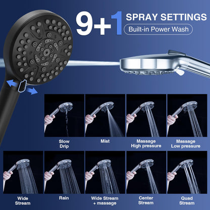 High Pressure 10-Mode Handheld Shower Head - Built in Power Wash for Clean, Replaceable Filter Soften Hard Water Remove Chlorine, 60 Inches Hose, Overhead Bracket, Anti-Clog Nozzle (Matte Black)