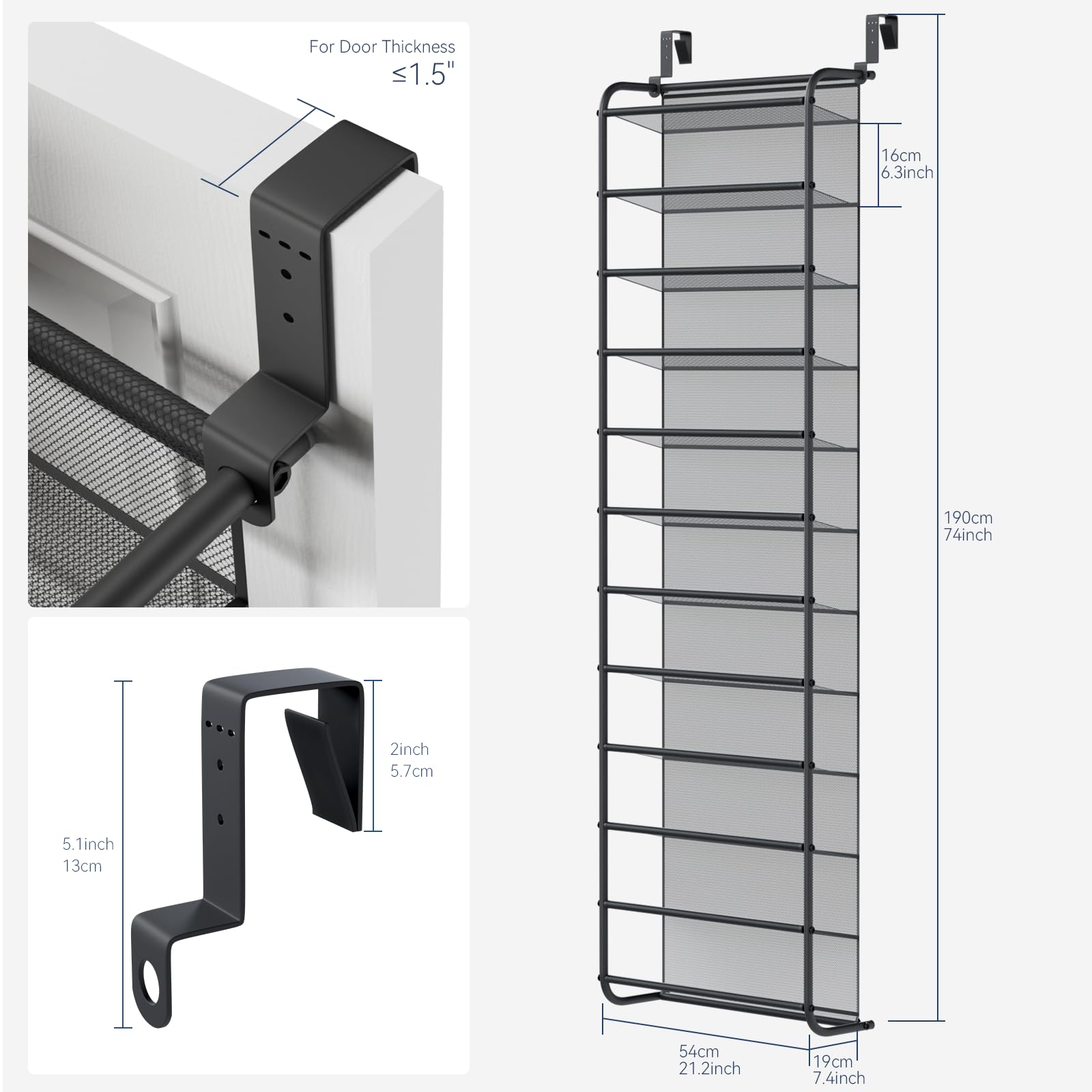 Whitmor 36 Pair Over-The-Door Rack-Gunmetal Gray Shoe Organizer WHITMOR