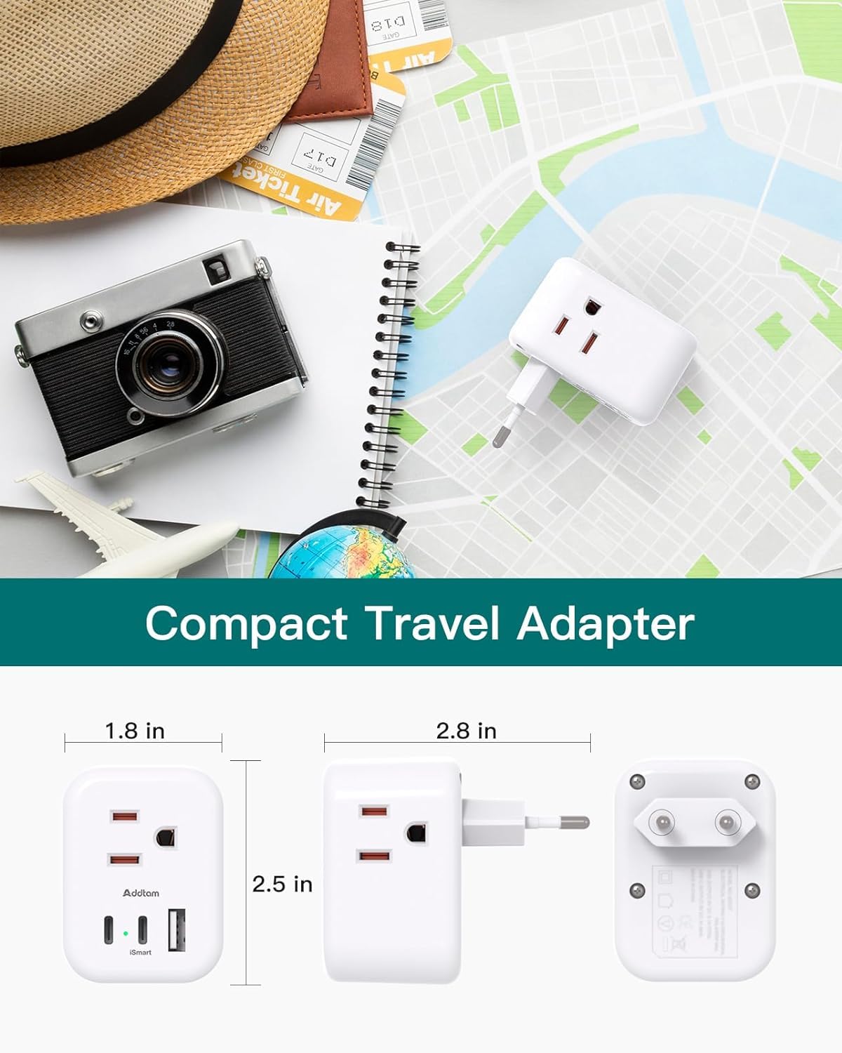 [2 Pack] European Travel Plug Adapter, International Power Plug Adapter with 3 Outlets 3 USB Charging Ports(2 USB C), Travel Essentials to Italy,Greece,Israel,France, Spain (Type C)