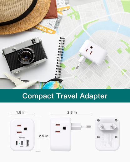 [2 Pack] European Travel Plug Adapter, International Power Plug Adapter with 3 Outlets 3 USB Charging Ports(2 USB C), Travel Essentials to Italy,Greece,Israel,France, Spain (Type C)