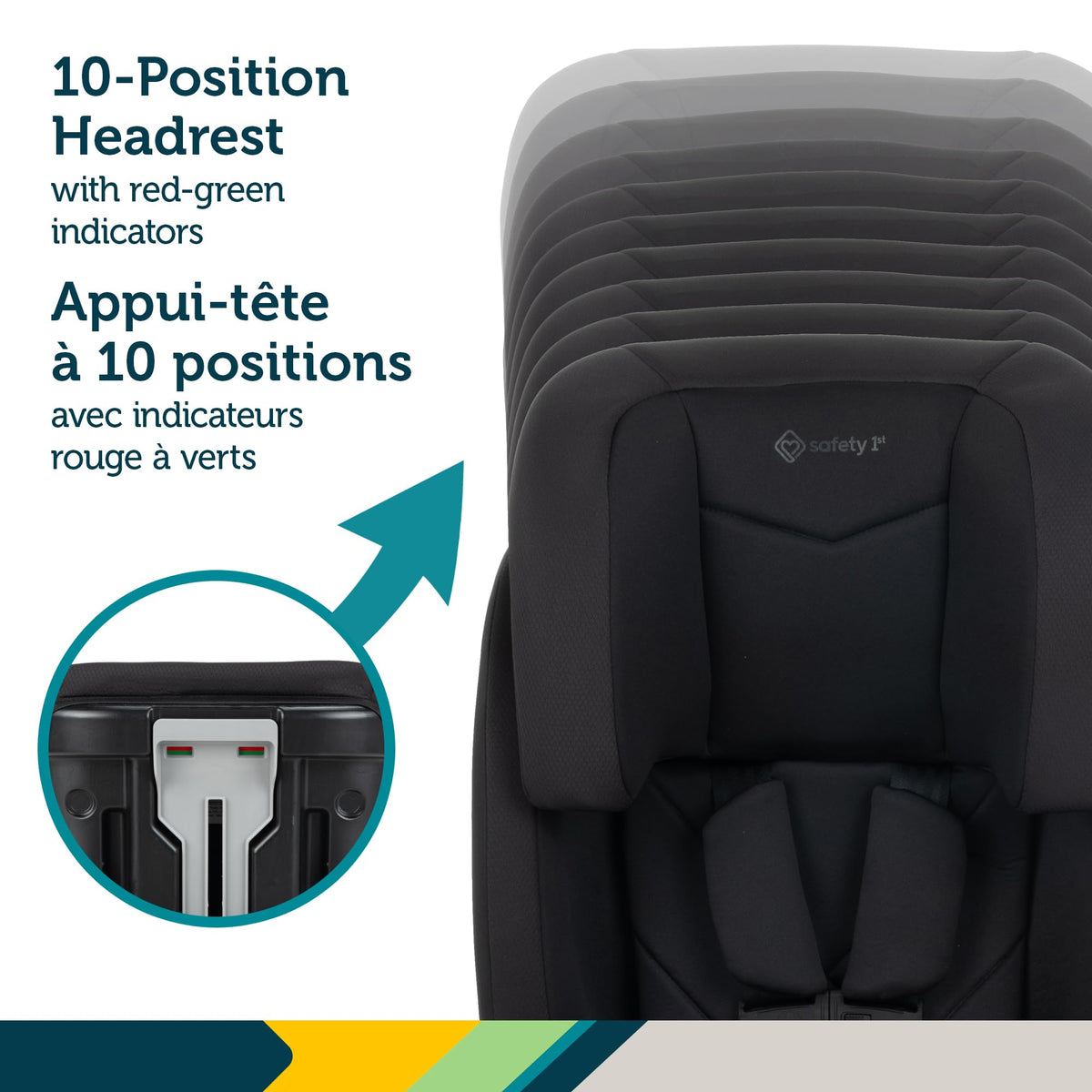 Siège auto harnais rehausseur 3-en-1 Safety 1st – Appuie-tête réglable sur 10 positions, s'adapte à 3 sièges côte à côte, rehausseur avec ou sans dossier léger et portable avec porte-gobelets, guides de ceinture et sécurité certifiée