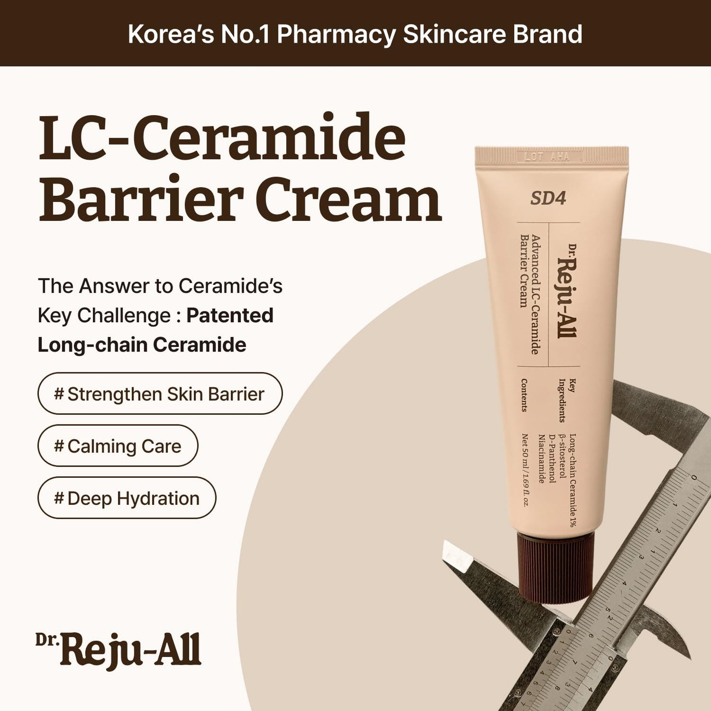 Dr. Reju-All Advanced LC-Ceramide Barrier Cream - Patented Long Chain Ceramide Deep Hydration - Lightweight Korean Face Moisturizer for Strengthening Skin Barrier - 50ml