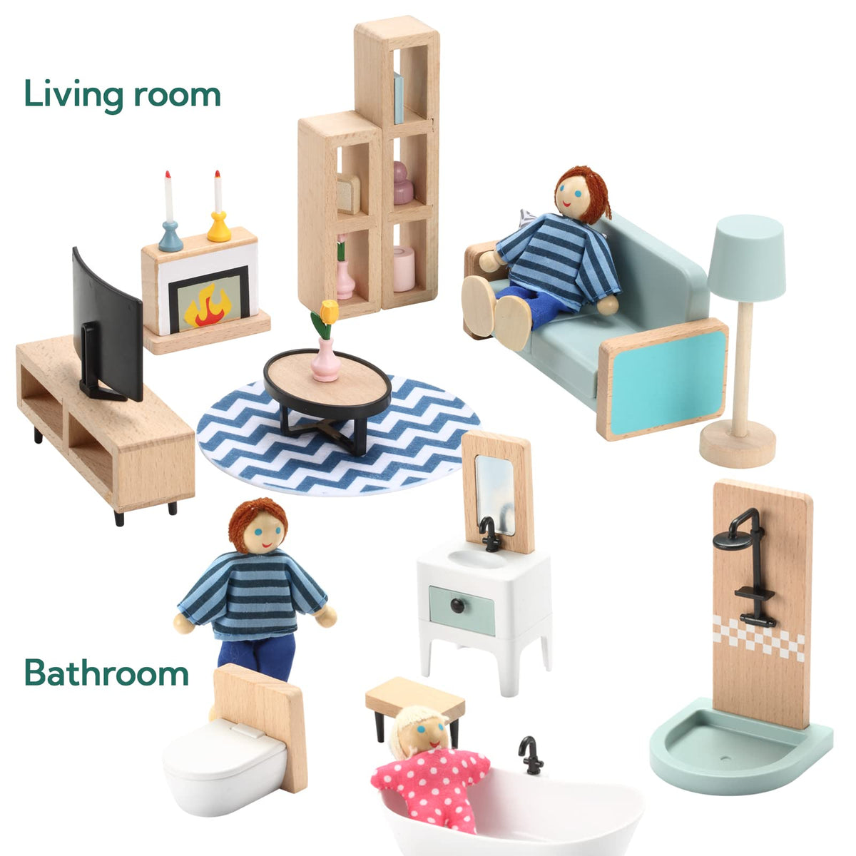 Giant bean 36pcs Wooden Dollhouse Furniture Set 5 Rooms 4 Family Dolls 🍁 All In One Marketplace Canada