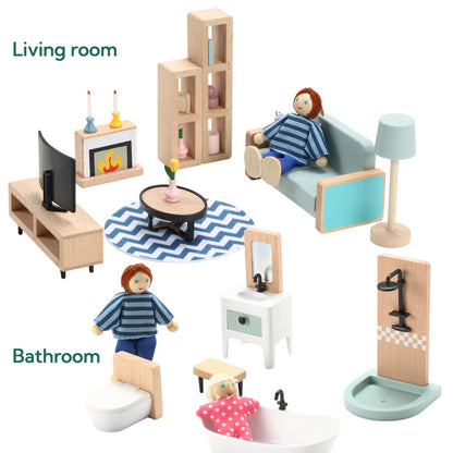 Giant bean 36pcs Wooden Dollhouse Furniture Set 5 Rooms 4 Family Dolls 🍁 All In One Marketplace Canada