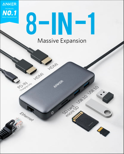 Anker Laptop Docking Station Dual Monitor, 8-in-1 USB C Hub, 4K Dual Monitor with 2 HDMI, 1 Gbps Ethernet Hub, 85W Power Delivery, SD Card Reader for XPS and More (Charger not Included)