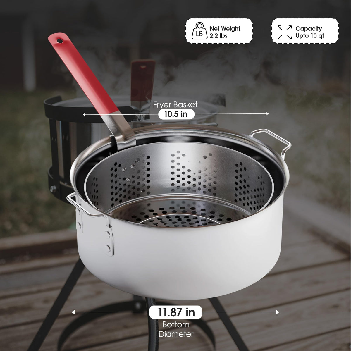 Gas One Aluminum Cooking Pot Deep Fryer with Basket – 10QT Aluminum Fry Pot with Easy Grip Handle – Durable Food Grade Outdoor Fryer with Perforated Strainer Basket – Ideal for Seafood, Chicken