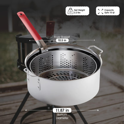 Gas One Aluminum Cooking Pot Deep Fryer with Basket – 10QT Aluminum Fry Pot with Easy Grip Handle – Durable Food Grade Outdoor Fryer with Perforated Strainer Basket – Ideal for Seafood, Chicken