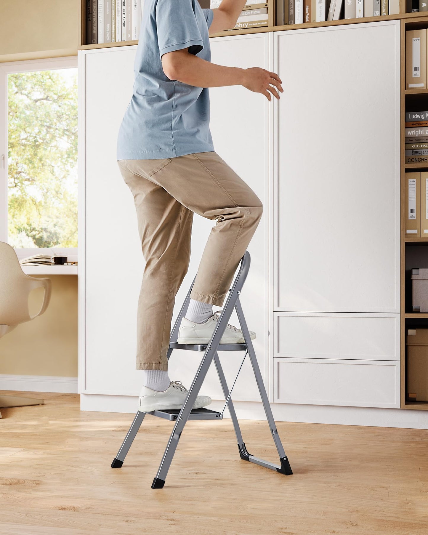 SONGMICS Step Ladder, 2-Step Ladder, Folding Ladder, Safety Lock, Space-Saving Storage, Holds up to 330 lb, Dove Gray UGSL012G01 SONGMICS