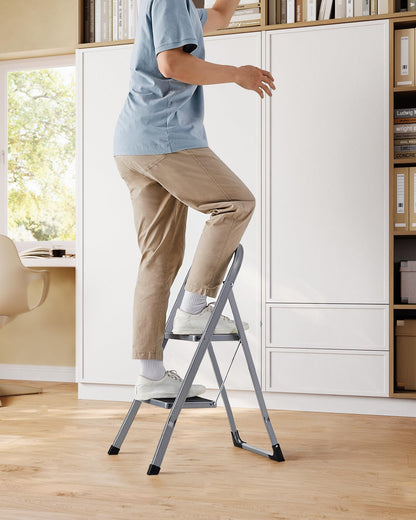 SONGMICS Step Ladder, 2-Step Ladder, Folding Ladder, Safety Lock, Space-Saving Storage, Holds up to 330 lb, Dove Gray UGSL012G01 SONGMICS