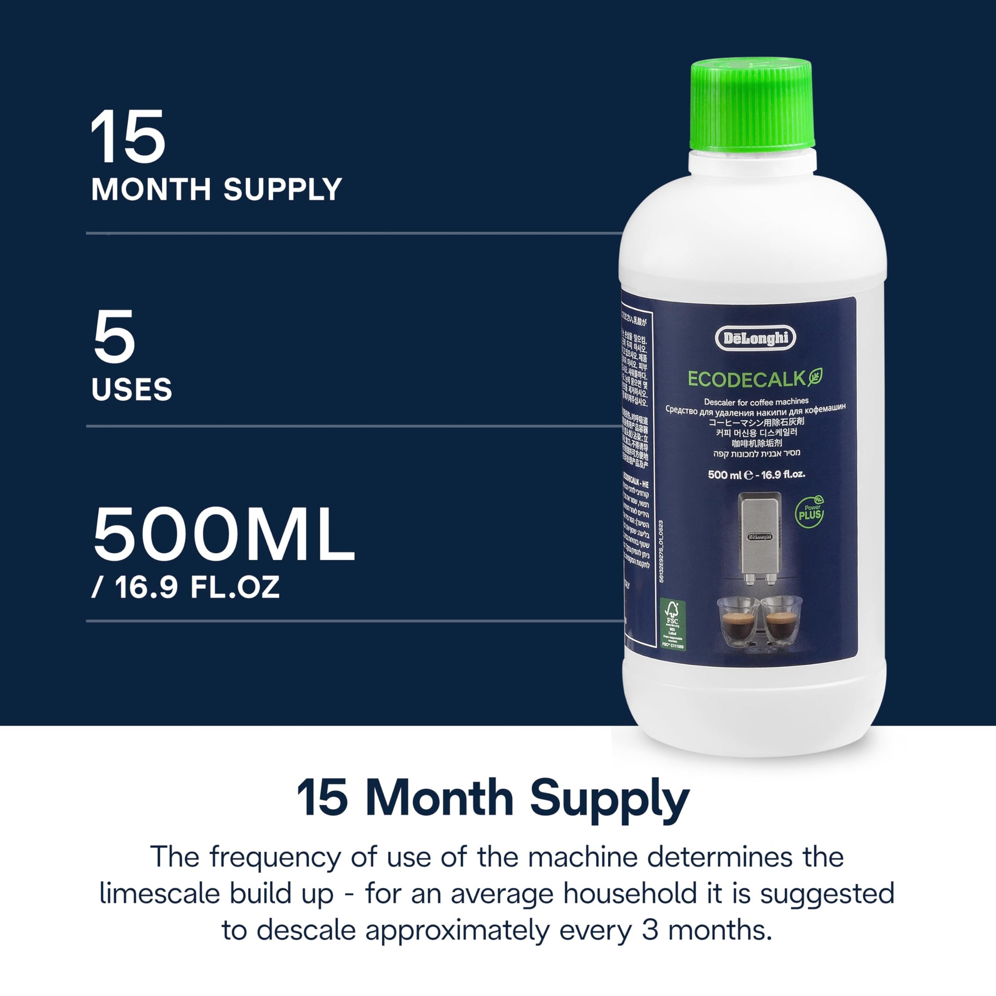 De'Longhi EcoDecalk Descaler, Eco-Friendly Universal Descaling Solution for Coffee & Espresso Machines, 16.90 oz (5 uses)