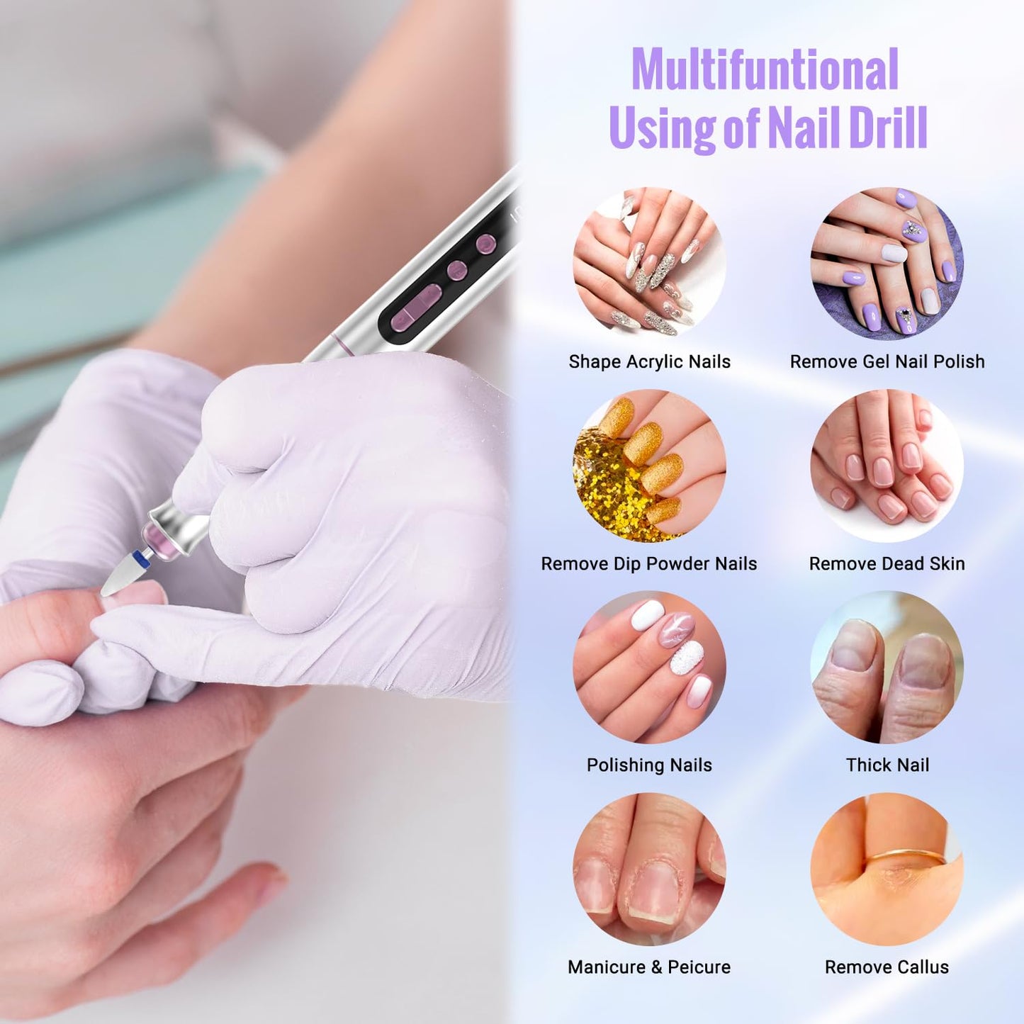 Denabuty Cordless Electric Nail Drill Machine, 13 in 1 Nail File Kit 35000RPM Professional Portable Rechargeable E File for Acrylic Polish Gel Removal Manicure Pedicure Set with 5 Speeds DN-2402 - Available at All In One Marketplace Canada