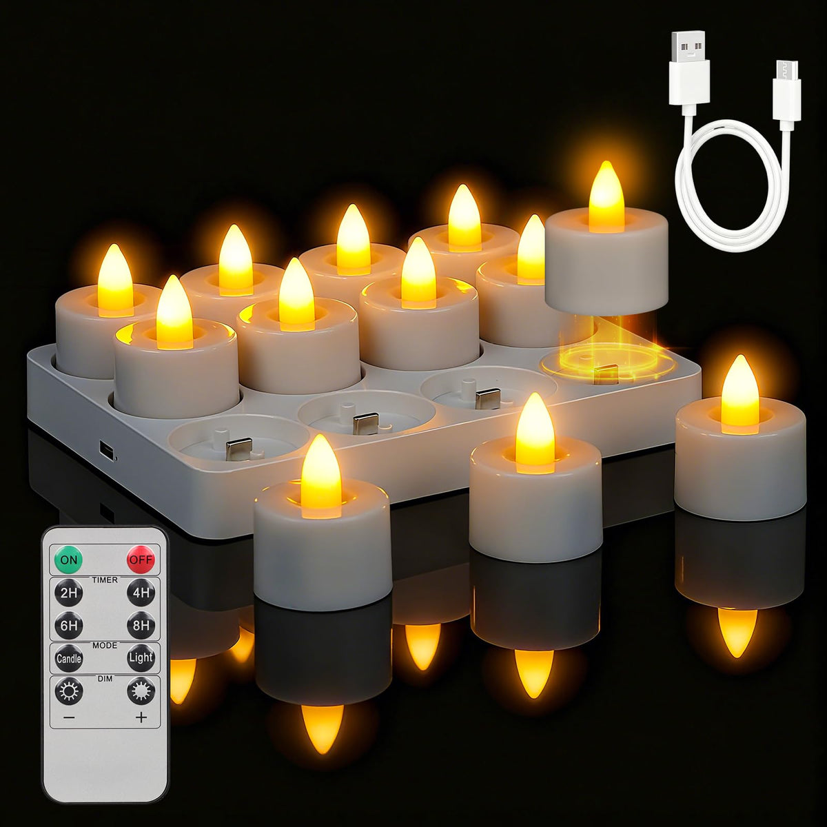 Ropelux 12 Rechargeable Tea Lights with Charging Base,Realistic Flickering Dimmable LED Candles with Remote Control Timer in Warm Yellow for Christmas,Weddings, Parties, Festivals (12 Pack) 🍁 All In One Marketplace Canada