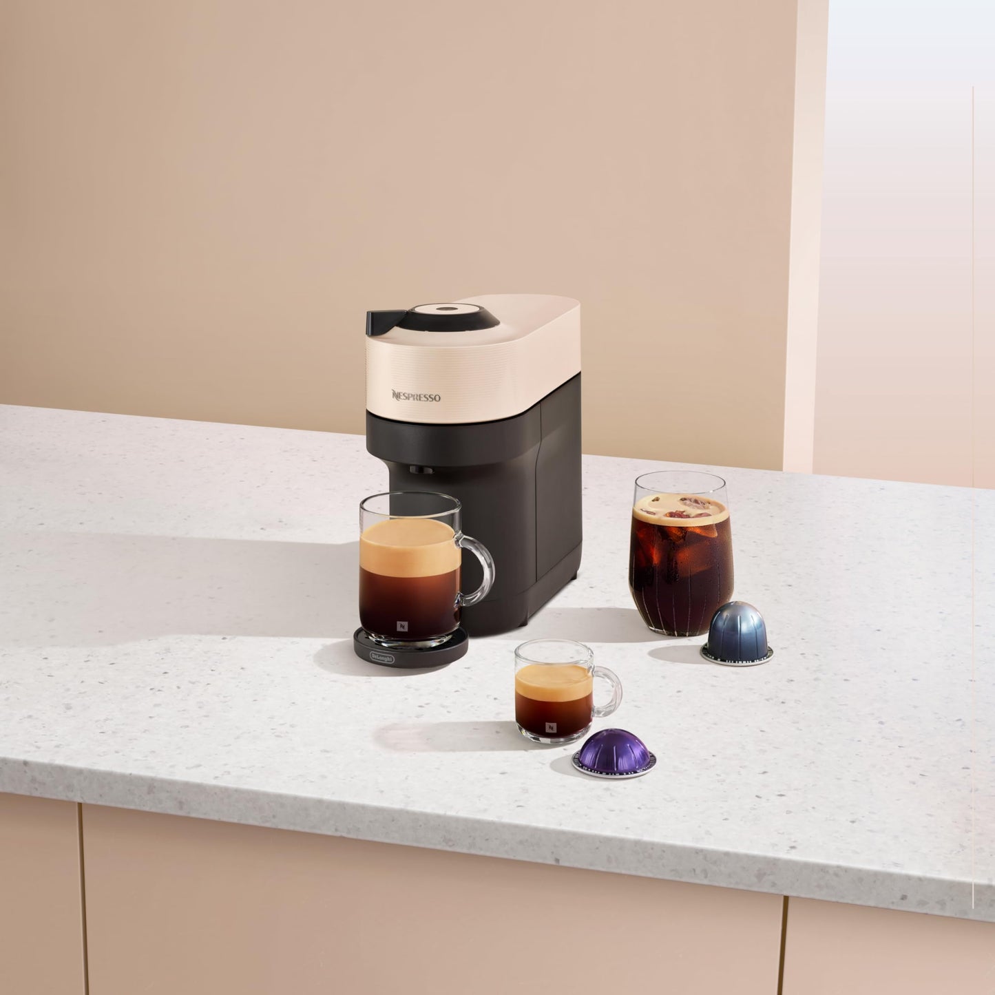 Nespresso Vertuo Pop+ Single Serve Coffee and Espresso Machine by De Longhi, Sand Beige - Available at All In One Marketplace Canada
