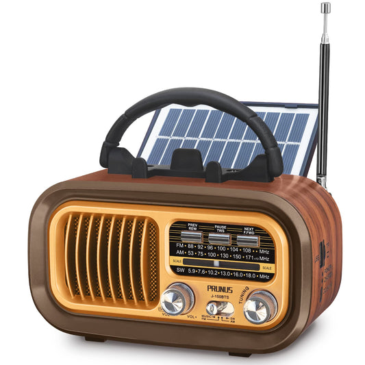 PRUNUS J-150 Small Retro Vintage Radio Bluetooth, Portable Radio AM FM Transistor with Best Sound, Solar/Battery Operated Radios/Rechargeable Radios, TWS, Support TF Card/USB Playing