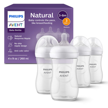 Philips Avent Natural Baby Bottles with Natural Response Nipples (Medium Flow, Flow 3), 9oz, 4-pack, SCY903/04
