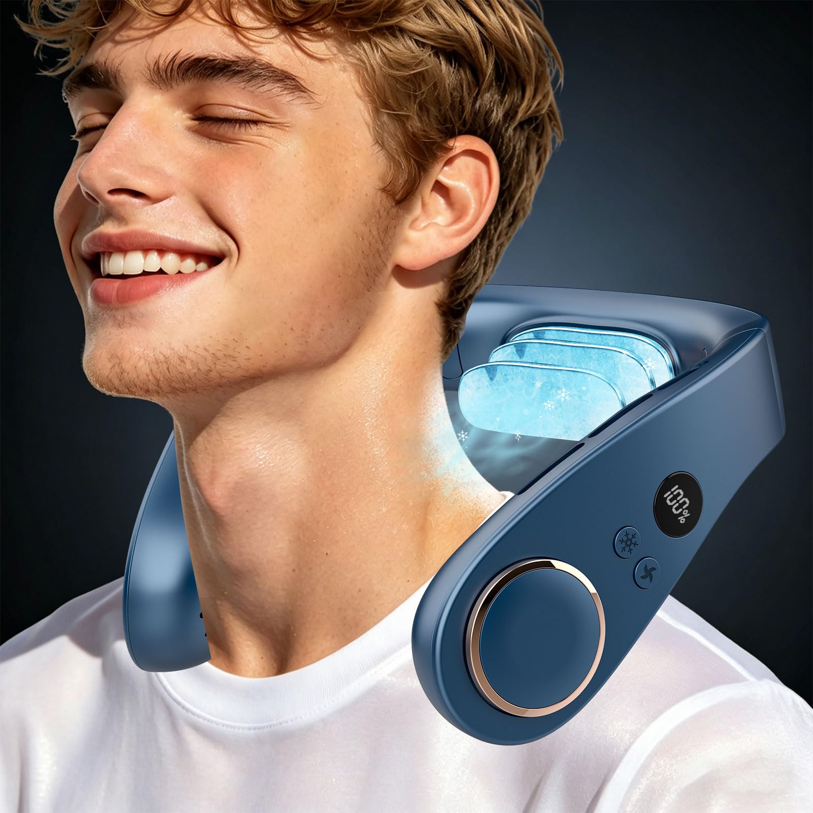 Sizet Neck Fan with Cooling Plate-USB 5500mAh Battery,24H Cooling,5 Speeds&3 Cooler Modes LED Display,Wearable Mini Portable Personal Fan,Quiet Neck Cooler for Women, Men, Kids, Travel, Outdoor, Blue - Available at All In One Marketplace Canada