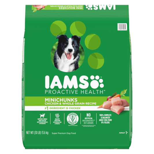 IAMS Proactive Health Minichunks Dry Dog Food – Crunchy Kibble for Adult Dogs – Chicken & Whole Grain Recipe – 13.61KG (30LB) Bag - Available at All In One Marketplace Canada