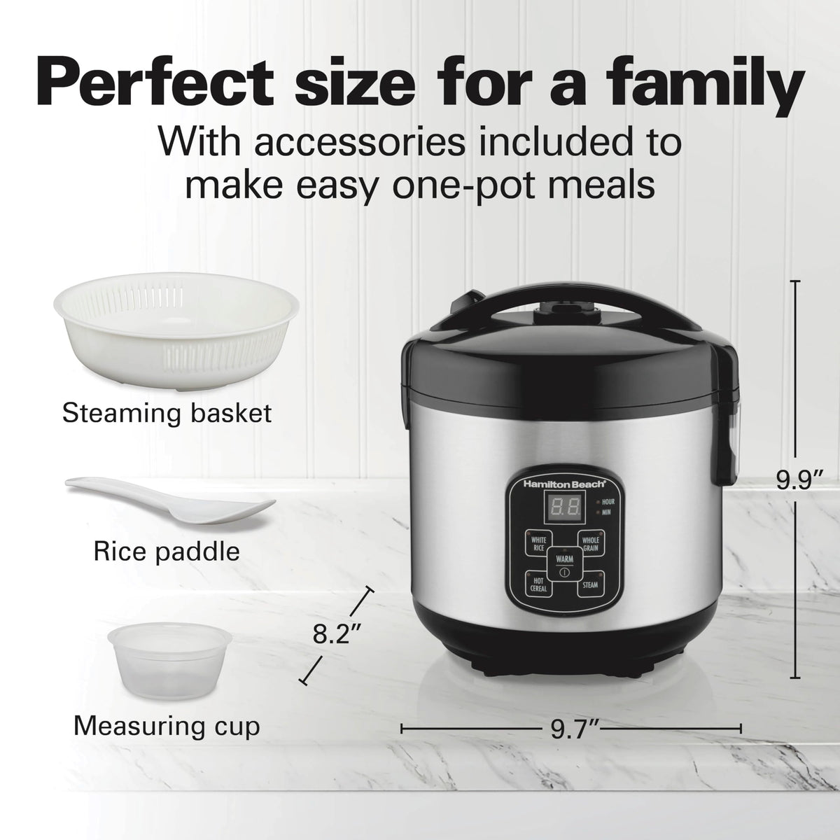 Hamilton Beach Digital Programmable Rice Cooker & Food Steamer, 8 Cups Cooked (4 Cups Uncooked), Stainless Steel, Steam & Rinse Basket, Model 37518MN