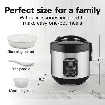 Hamilton Beach Digital Programmable Rice Cooker & Food Steamer, 8 Cups Cooked (4 Cups Uncooked), Stainless Steel, Steam & Rinse Basket, Model 37518MN
