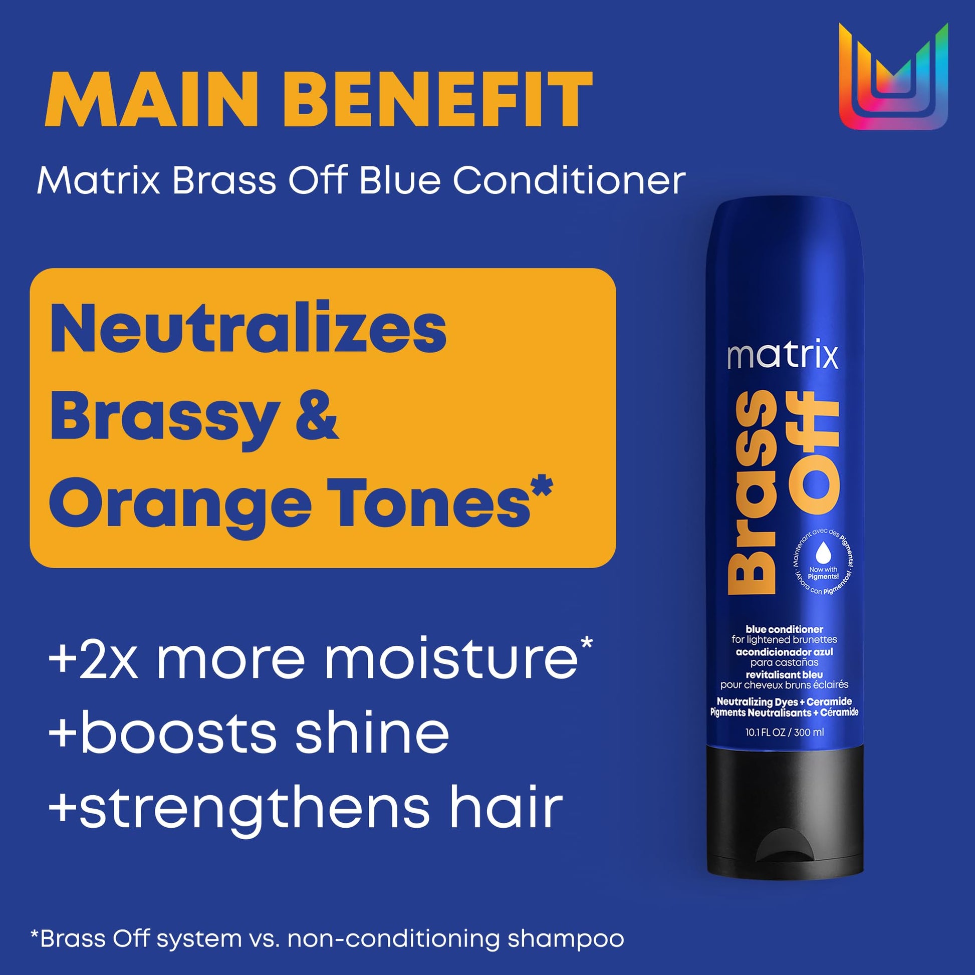 MATRIX Brass Off Blue Conditioner, Removes Brassy Orange Undertones, Tones Brunettes, Brown and Dark Blonde Hair, Color Depositing Conditioner for Color Treated Hair, Salon, Vegan - Available at All In One Marketplace Canada