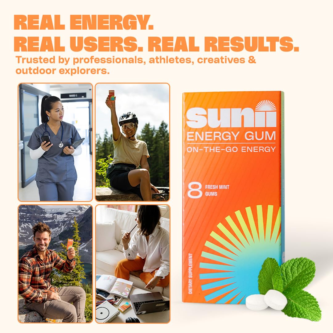 Sunii Nootropic Energy Gum - Quick Boost Energy & Focus - 100mg Caffeine Gum, Fresh Mint Taste - Vitamins B6 & B5, Taurine, Vegan, No Sugar, 5 Calorie, Faster than Chews, Drinks, Gels & Pills (24pcs) 🍁 All In One Marketplace Canada