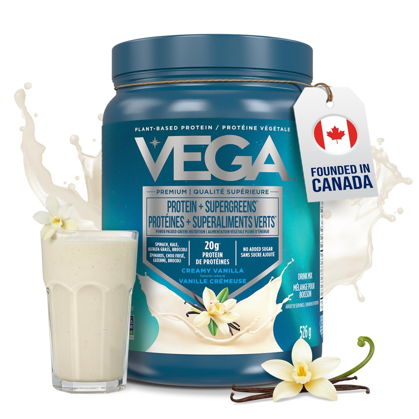 Vega Protein + Supergreens - 20g Plant-Based Pea Protein with Veggies, Vanilla, 18 Servings, Vegan Keto, Non-GMO, Gluten Free, Dairy Free, Low Carb, 526g (Packaging May Vary)