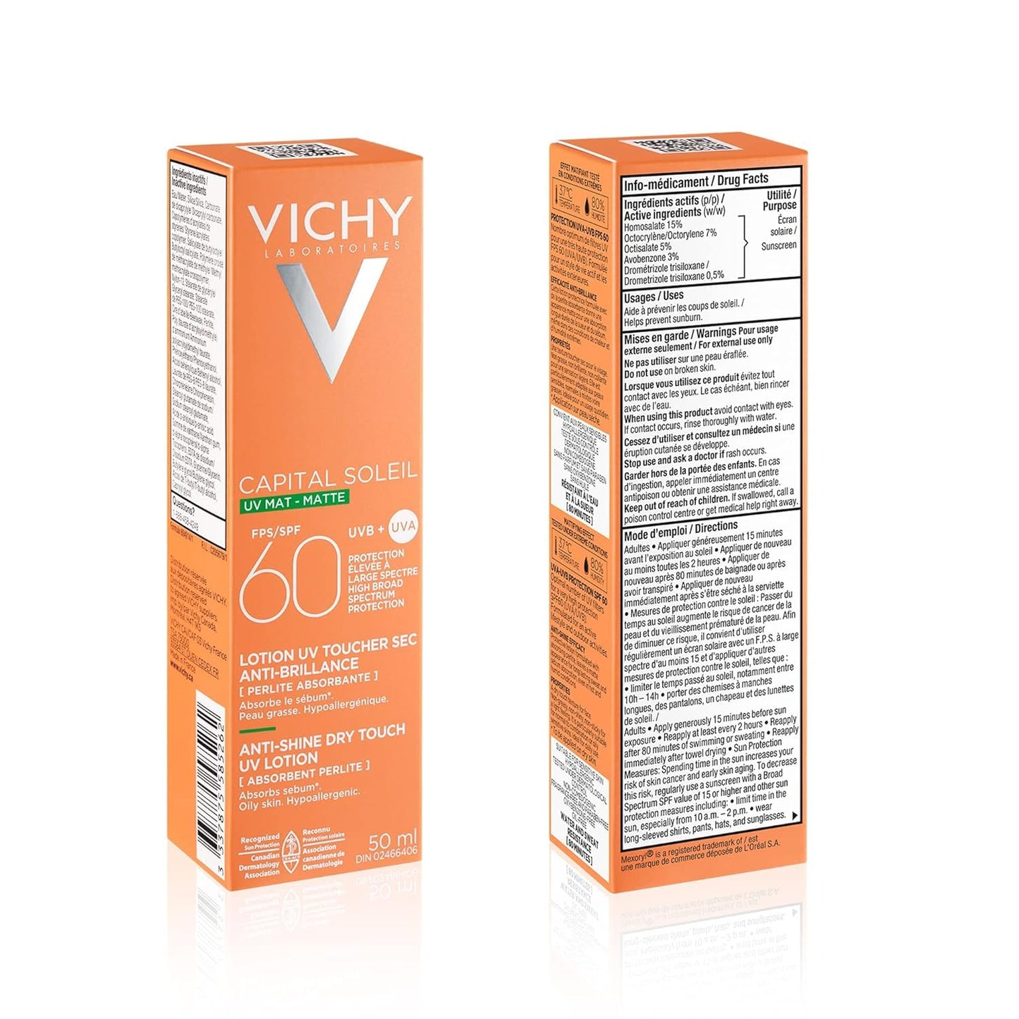 Vichy Face Sunscreen SPF 60, Capital Soleil Matte Finish, Dry Touch SPF Lotion for Face, Non-Greasy, Non-Comedogenic, No White Cast, Fragrance-Free, Hypoallergenic, Travel Size Sunscreen, 50mL - Available at All In One Marketplace Canada