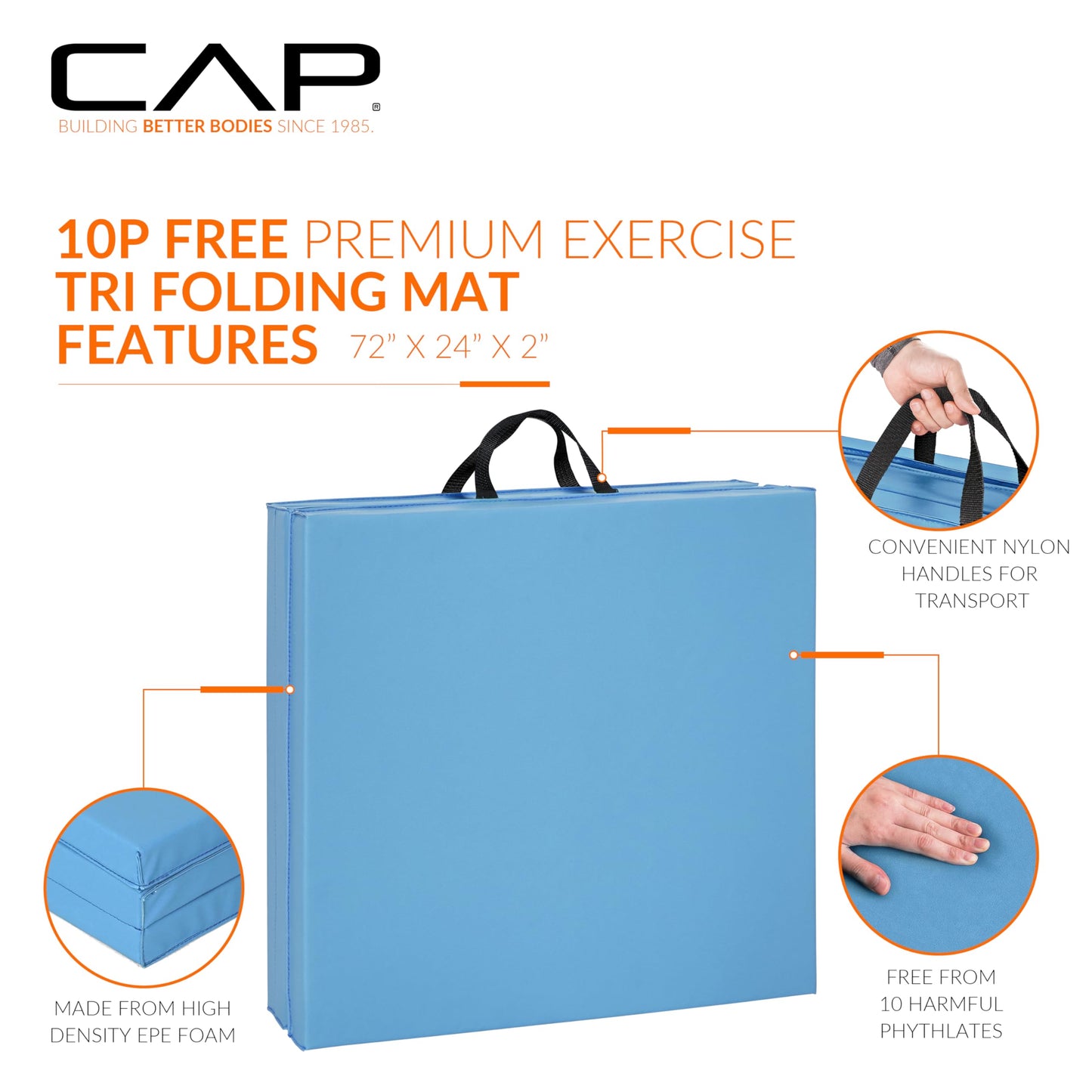 CAP Barbell Folding Exercise Mat – Durable, Anti-Tear, Thick Padding for Fitness, Aerobics, Gymnastics & Home Workouts. 72"L x 24"W x 2"Thick. BLUE 🍁 All In One Marketplace Canada