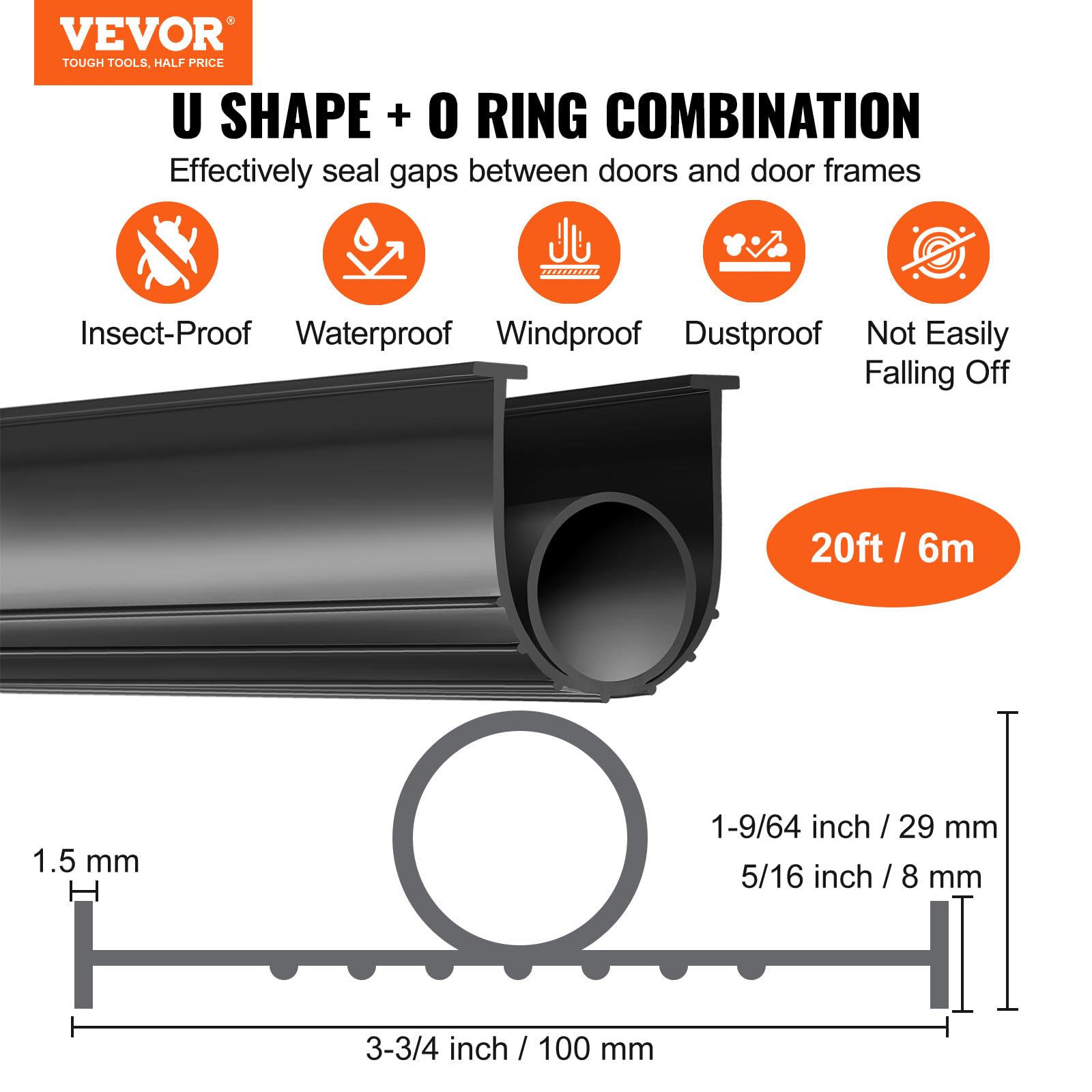 VEVOR Garage Door Seals Bottom Rubber, U Shape +O Ring Combination Garage Door Bottom Weather Seal, 20ft Weatherproofing Garage Door Seal, 5/16 inch T-ends and 3 3/4 inch Width, for Doors, Black VEVOR