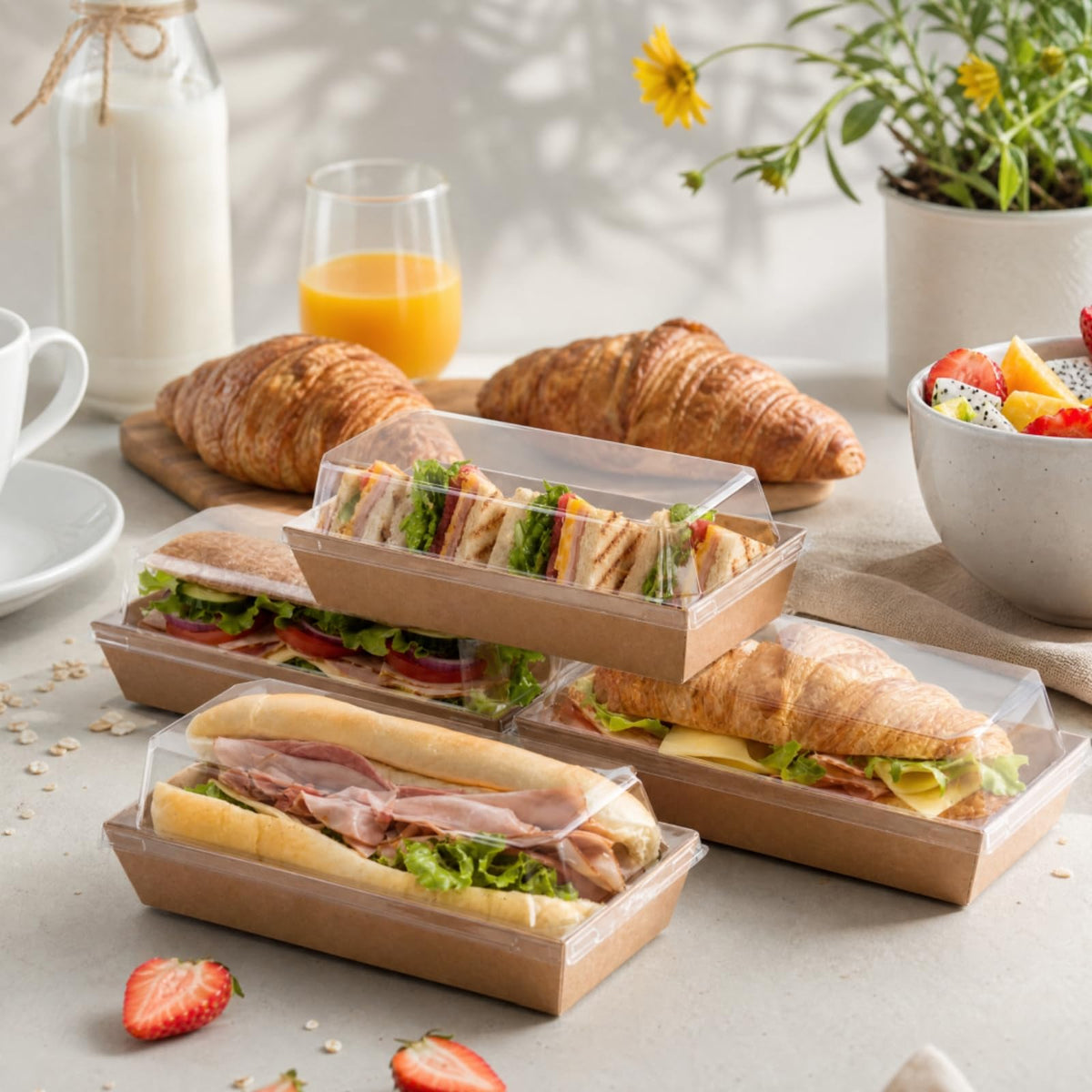 Dicunoy 100 Pack Paper Sandwich Boxes with Clear Lids, Disposable Swiss Roll Cake Containers, Rectangle To Go Boxes for Sushi, Waffle, Cookie, Fruits, Pastry, Desserts, Food Truck Business 🍁 All In One Marketplace Canada