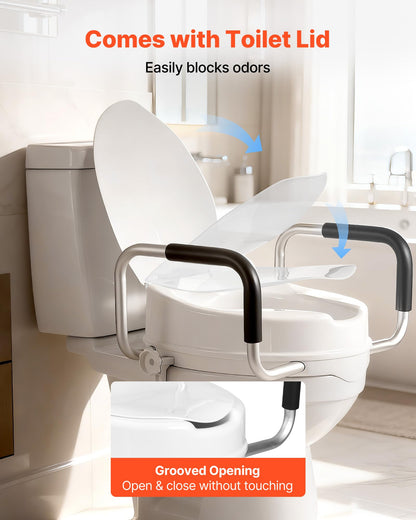 VEVOR Raised Toilet Seat with Arms, 300 lbs Load Capacity, 4-Inch Lift Height, Widened Commode Elevated Toilet Seat Riser with Padded Handles for Seniors, Elderly, Handicap, Disabled, and Adults Use VEVOR