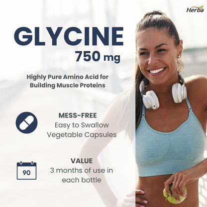 Herba Glycine Supplement 750mg - 180 Capsules | >99% Ultra Pure Glycine Capsules | Free-form Proteinogenic Amino Acids Supplements | Made in Canada - Available at All In One Marketplace Canada